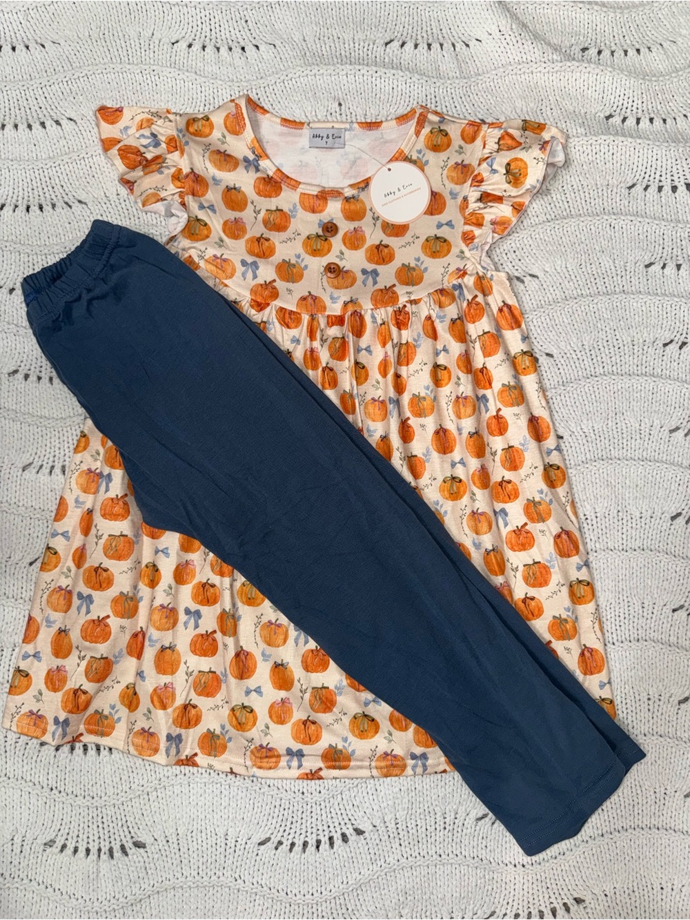 Kids' Pumpkin Print Dress & Navy Leggings Set by Abby & Evie